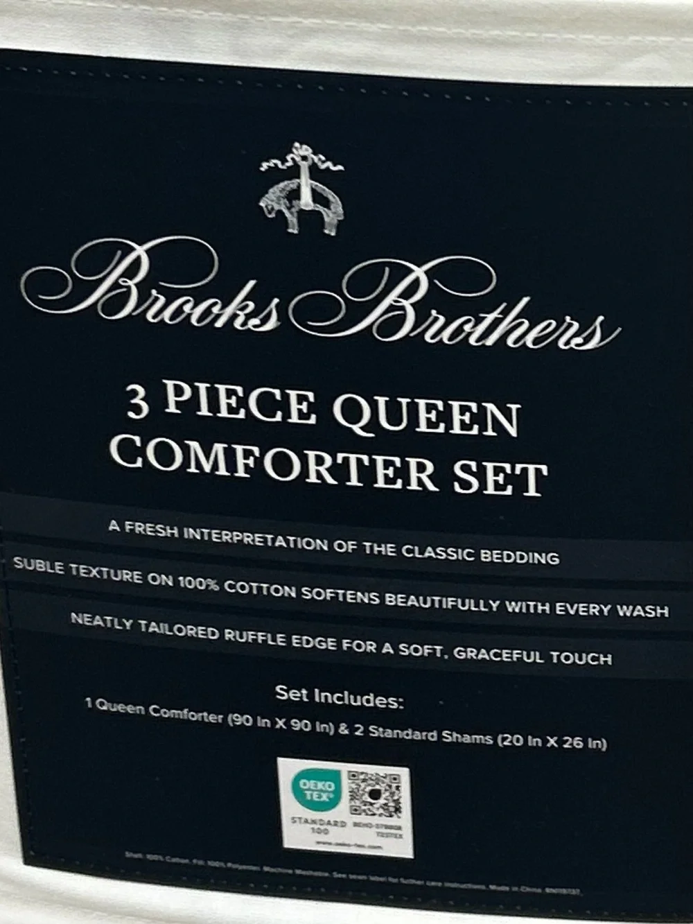 Brooks Brothers White and Blue Striped Queen Comforter Set with Ruffle Trim